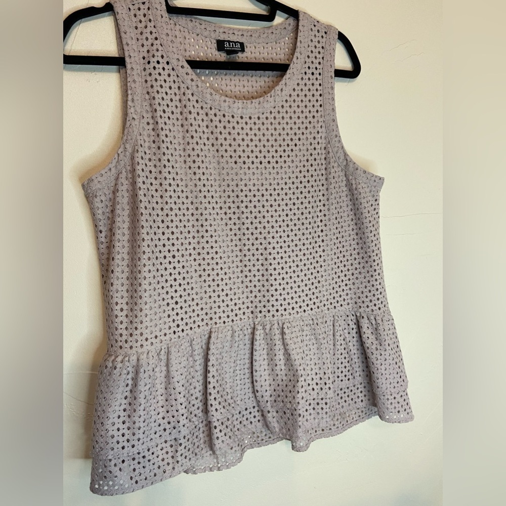 A.N.A.~Light Taupe Eyelet Detailed Top~Sleeveless~Fully Lined~Ruffle Hem~Size L